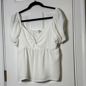 Riley & James White Smocked Puff Sleeve Babydoll Top Peasant Blouse Large